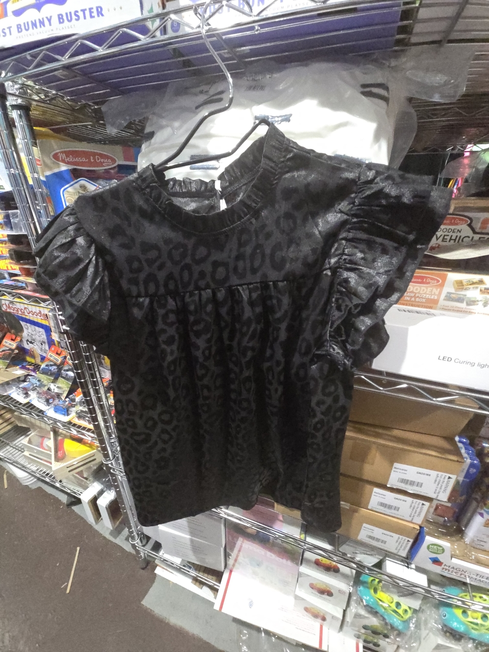 New Small Black  Leopard Ruffle Sleeve Top